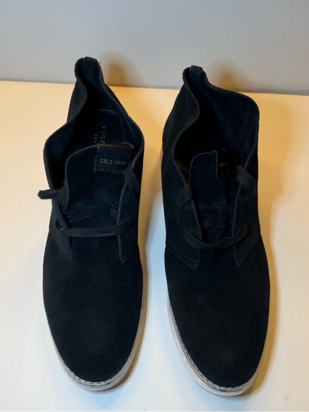 Cole Haan Black Suede Ankle Booties with White Sole